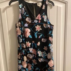 Beige by Eci, Medium Long Black Dress with Blue and Pink Floral Decor